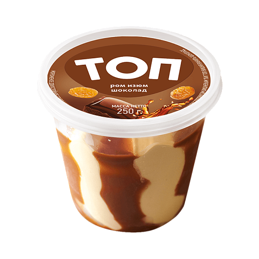 ''BIG TOP ROM RAISINS CHOCOLATE'' Cream ice cream with rum flavor and raisins, decorated with milk cocoa-containing topping 250 g